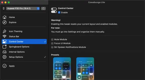 Cowabunga Lite Control Center